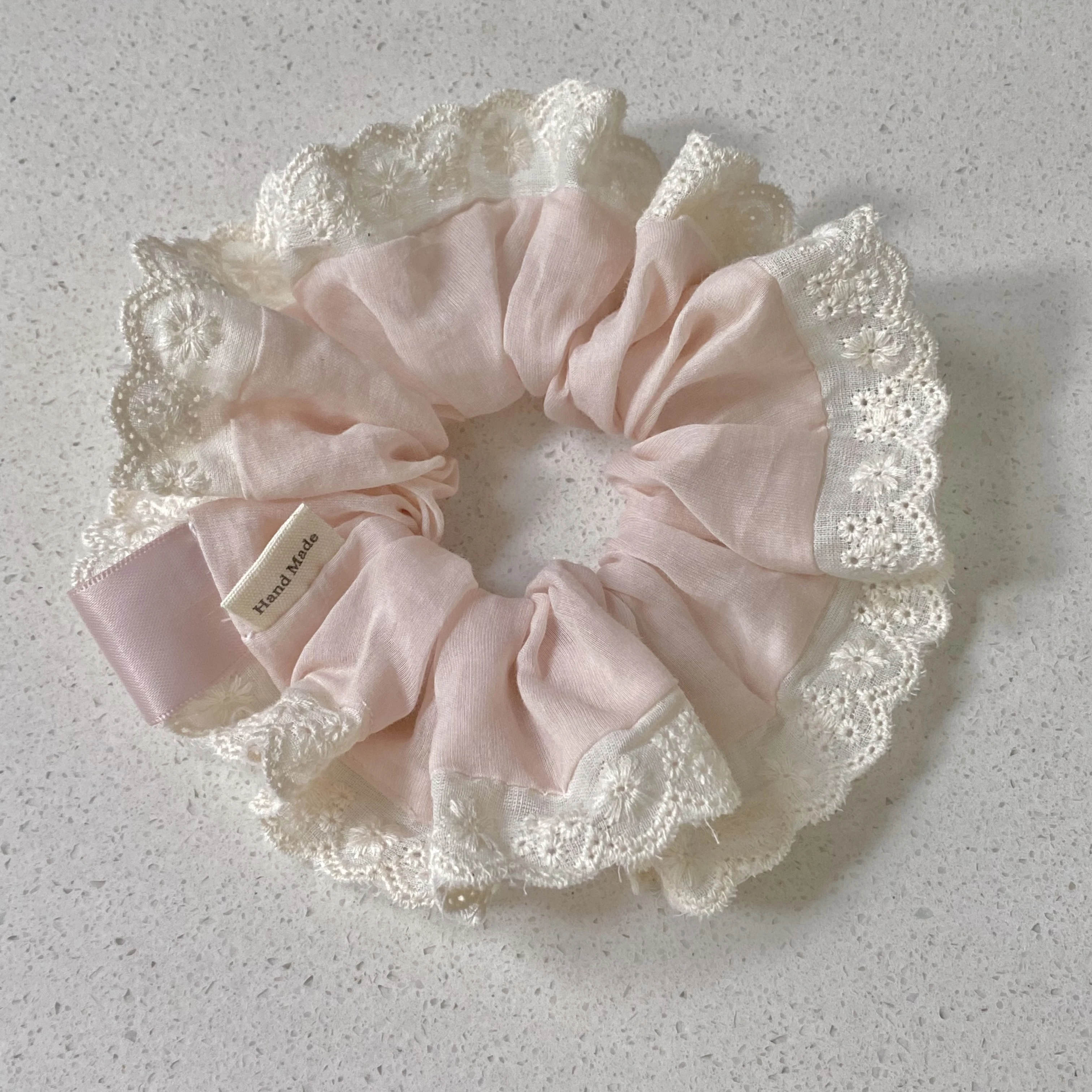 Soft Pink Gentle Lace Large Intestine Scrunchie Sweet Girl's Heart Square Scarf Temperament Ponytail Hair Accessories