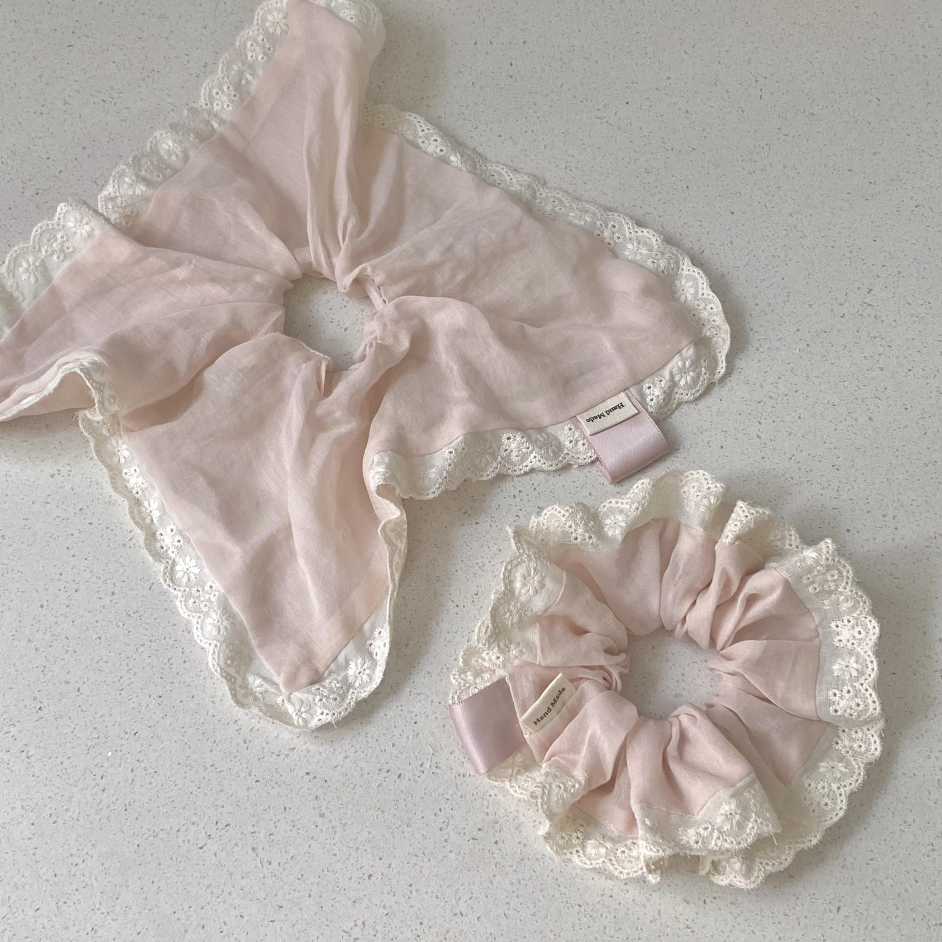 Soft Pink Gentle Lace Large Intestine Scrunchie Sweet Girl's Heart Square Scarf Temperament Ponytail Hair Accessories