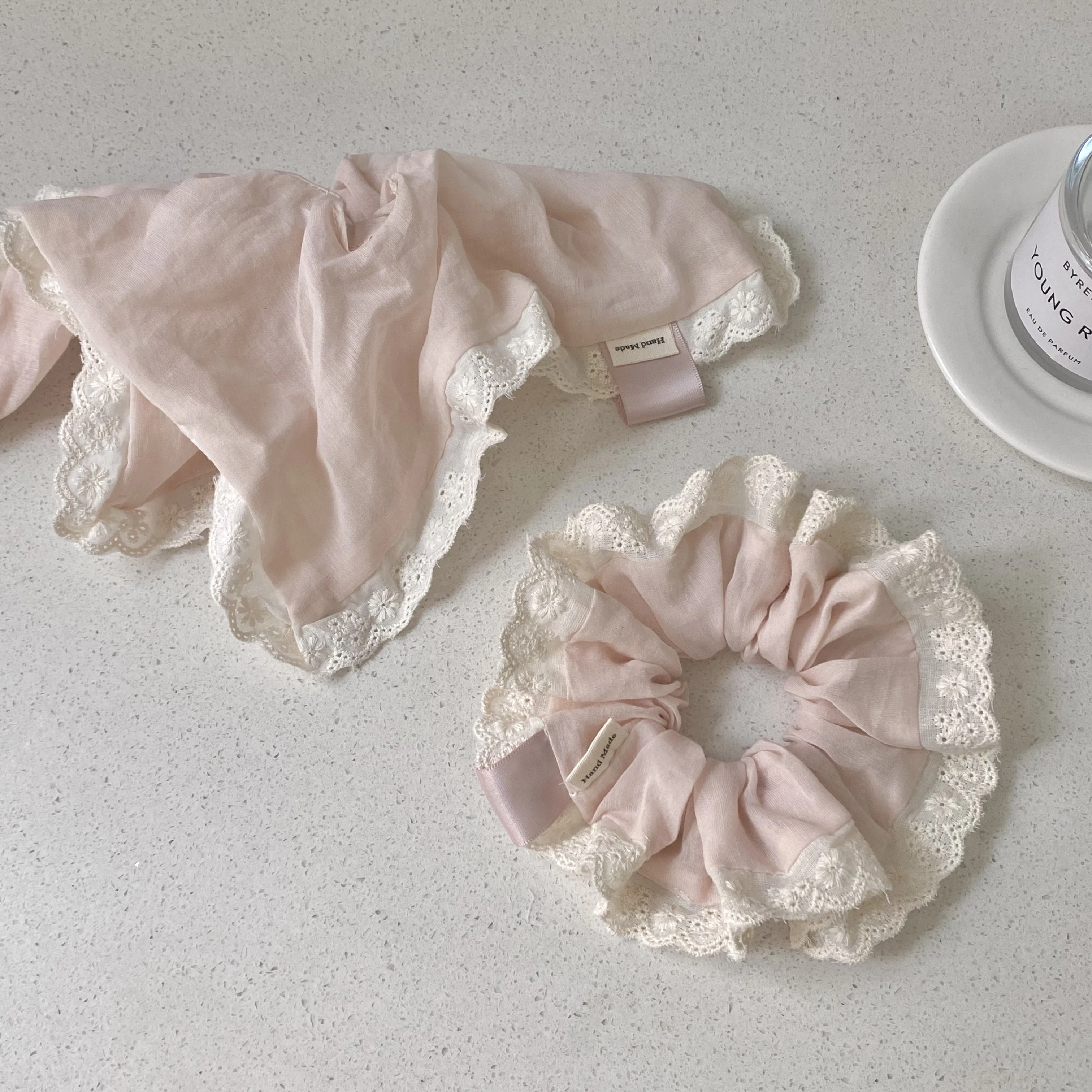 Soft Pink Gentle Lace Large Intestine Scrunchie Sweet Girl's Heart Square Scarf Temperament Ponytail Hair Accessories