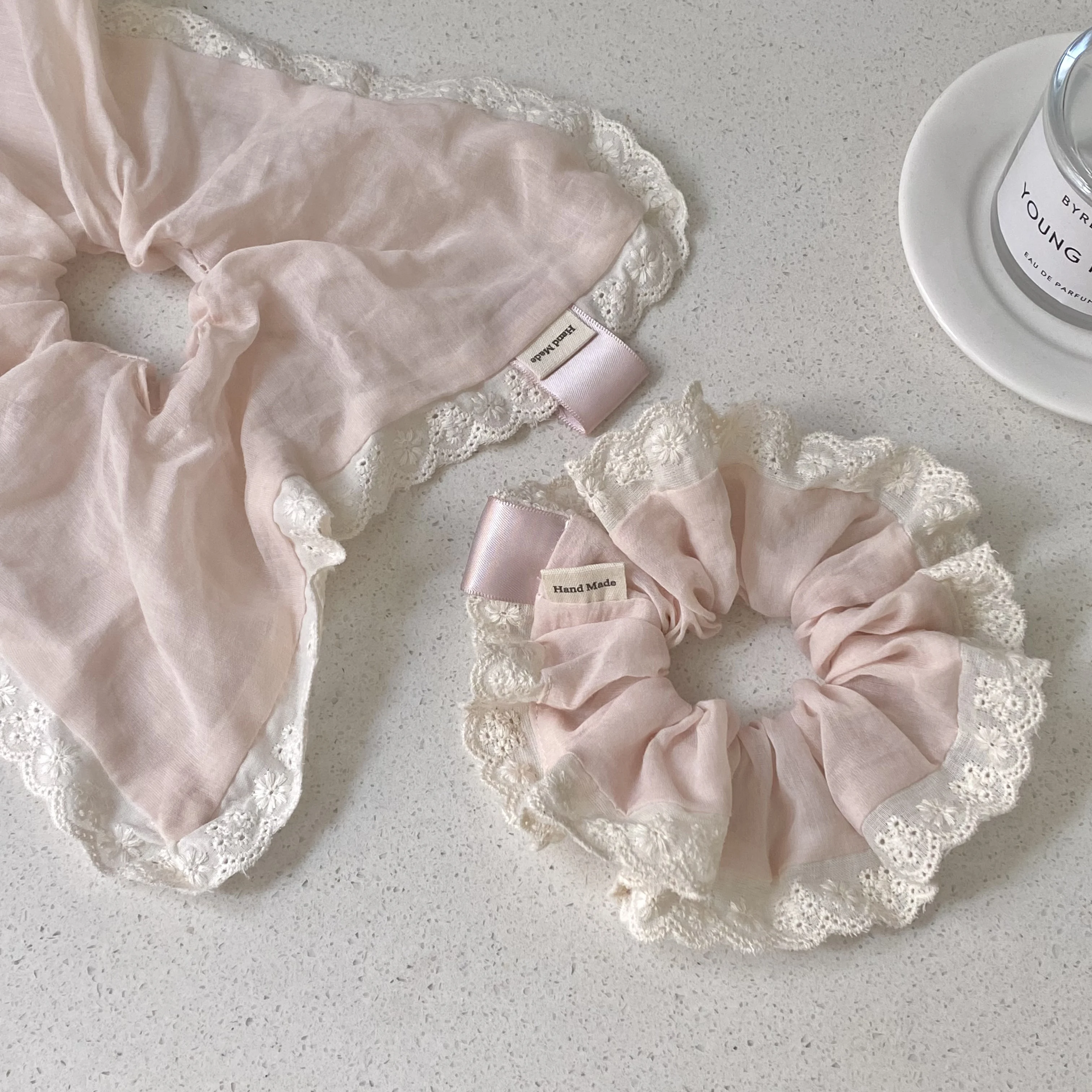 Soft Pink Gentle Lace Large Intestine Scrunchie Sweet Girl's Heart Square Scarf Temperament Ponytail Hair Accessories