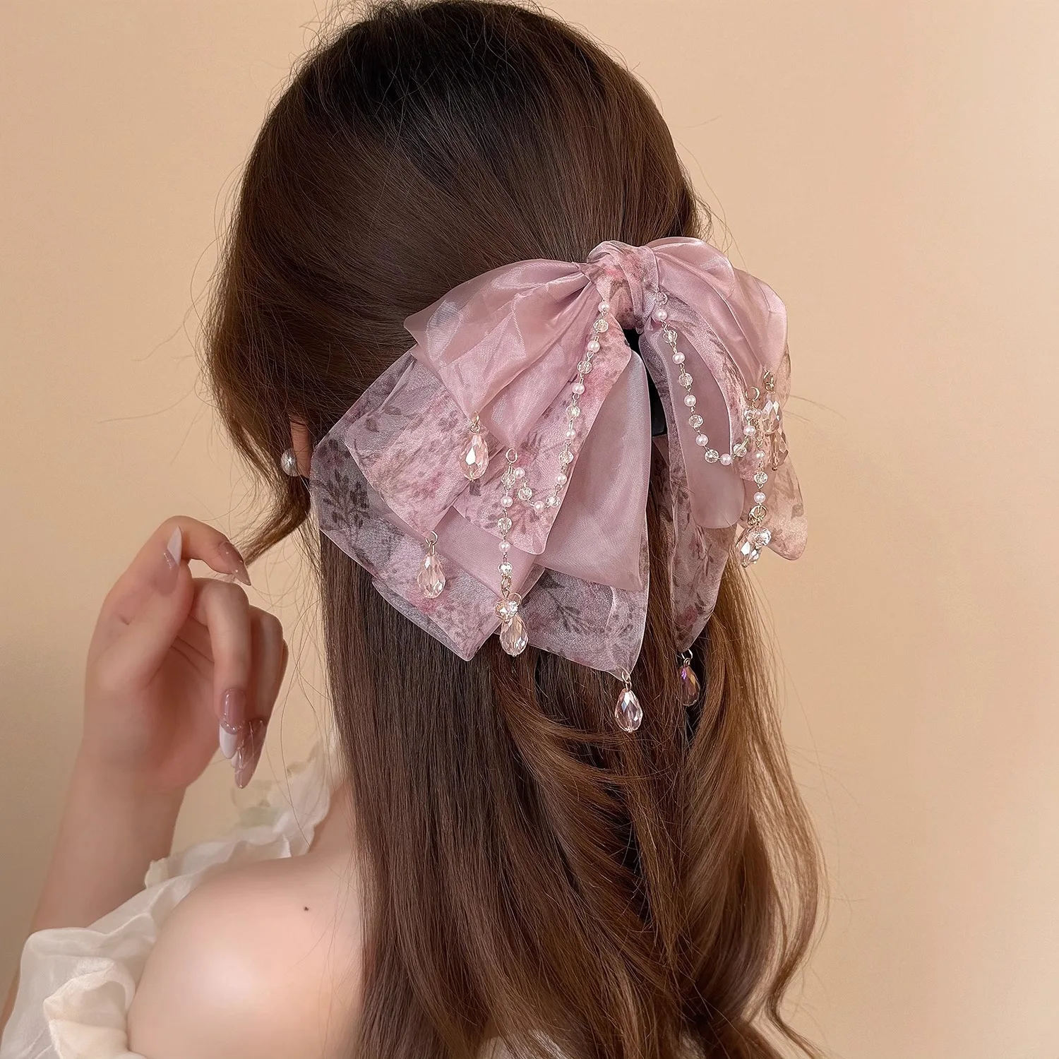 Beautiful Pink Hair Clips for Women Aesthetic Floral Bow with Crystal Chain Decorative Hair Clips