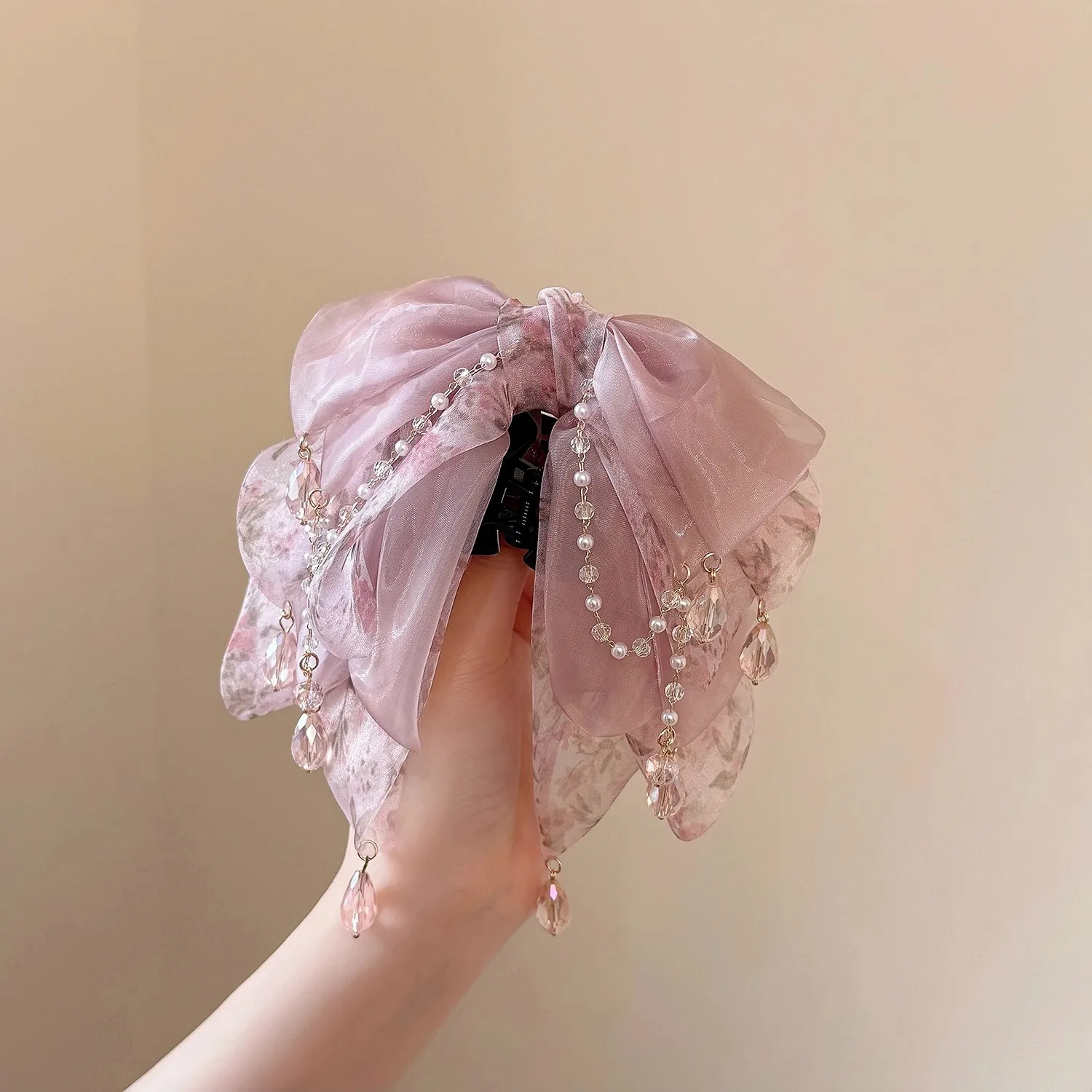 Beautiful Pink Hair Clips for Women Aesthetic Floral Bow with Crystal Chain Decorative Hair Clips