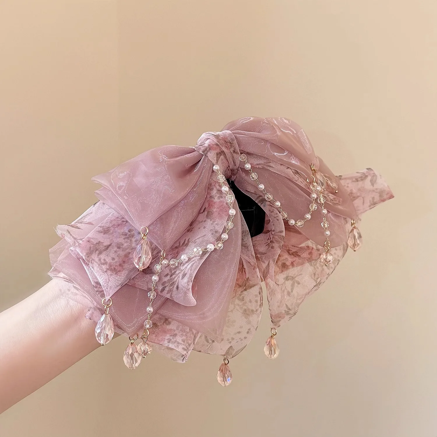 Beautiful Pink Hair Clips for Women Aesthetic Floral Bow with Crystal Chain Decorative Hair Clips