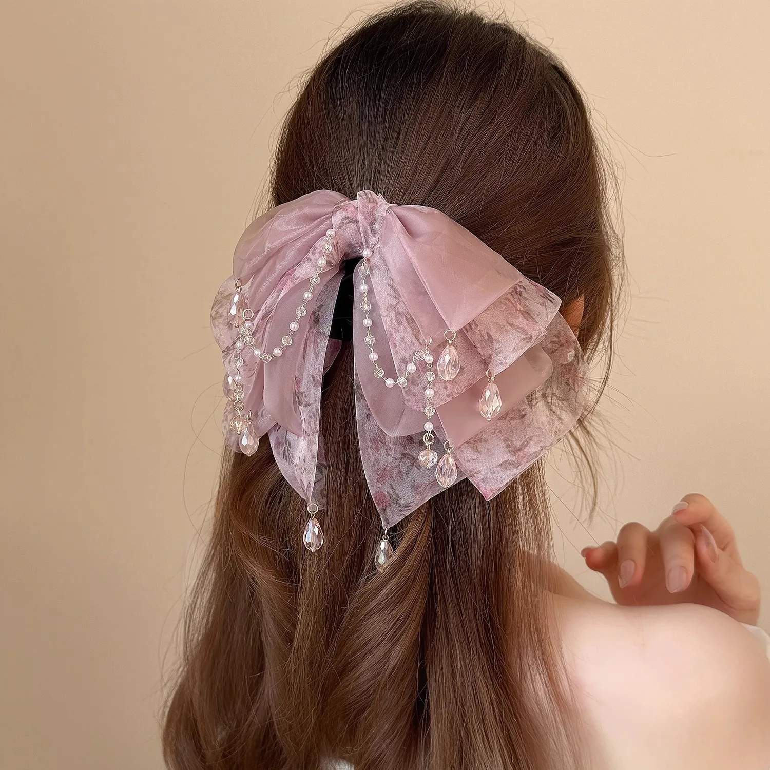 Beautiful Pink Hair Clips for Women Aesthetic Floral Bow with Crystal Chain Decorative Hair Clips