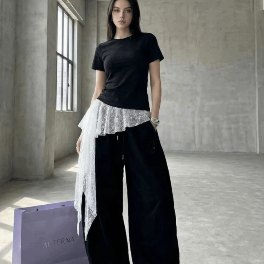 Embroidered Flower Butt Curtain Skirt High Waist Irregular Hem Lace Trim Butt Curtain Ruched Ruffles Trim Mini Apron Harajuku