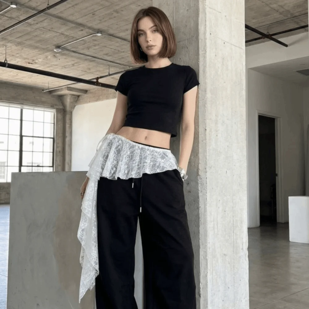 Embroidered Flower Butt Curtain Skirt High Waist Irregular Hem Lace Trim Butt Curtain Ruched Ruffles Trim Mini Apron Harajuku