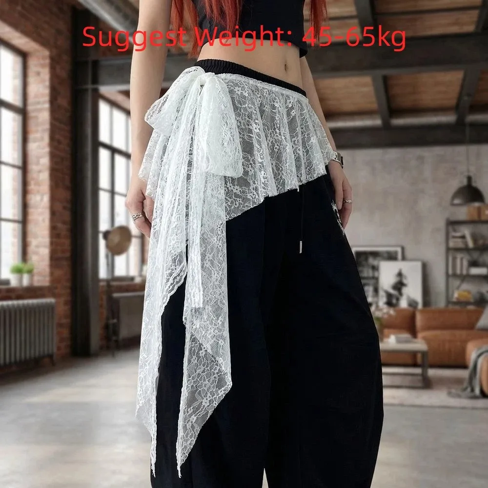 Embroidered Flower Butt Curtain Skirt High Waist Irregular Hem Lace Trim Butt Curtain Ruched Ruffles Trim Mini Apron Harajuku