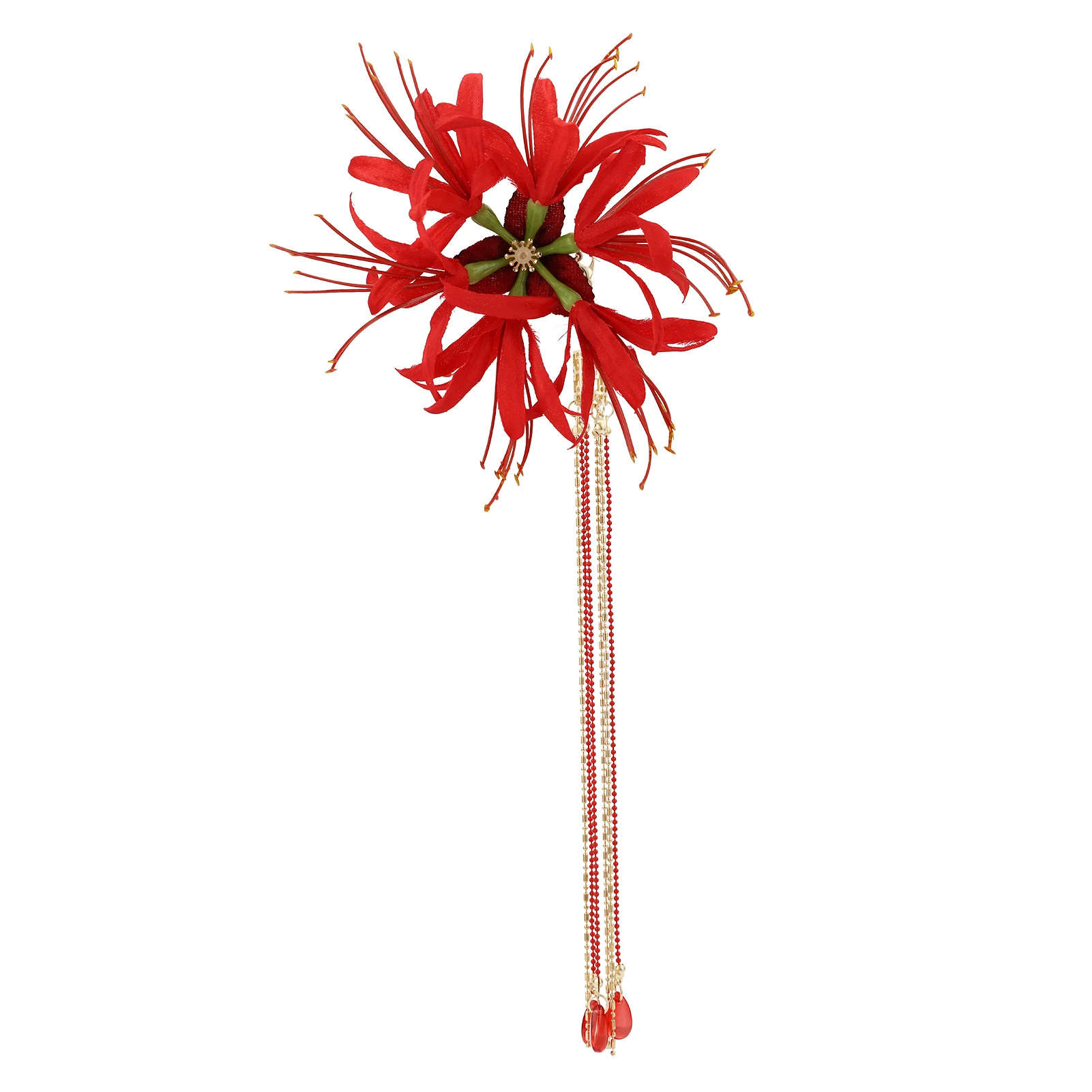 Red Magic-Lily Hairpin Silk Flower Tassel Hair Accessories for Women Birthday Party Stage Show Elegant Headwear