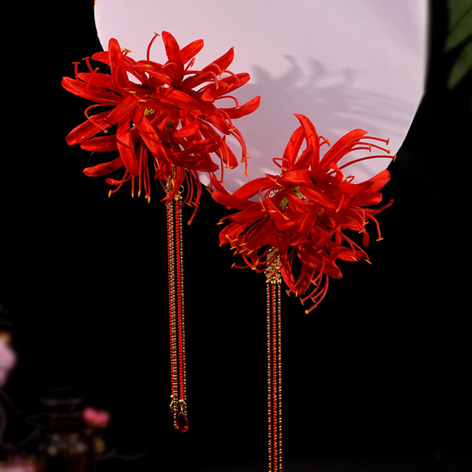 Red Magic-Lily Hairpin Silk Flower Tassel Hair Accessories for Women Birthday Party Stage Show Elegant Headwear