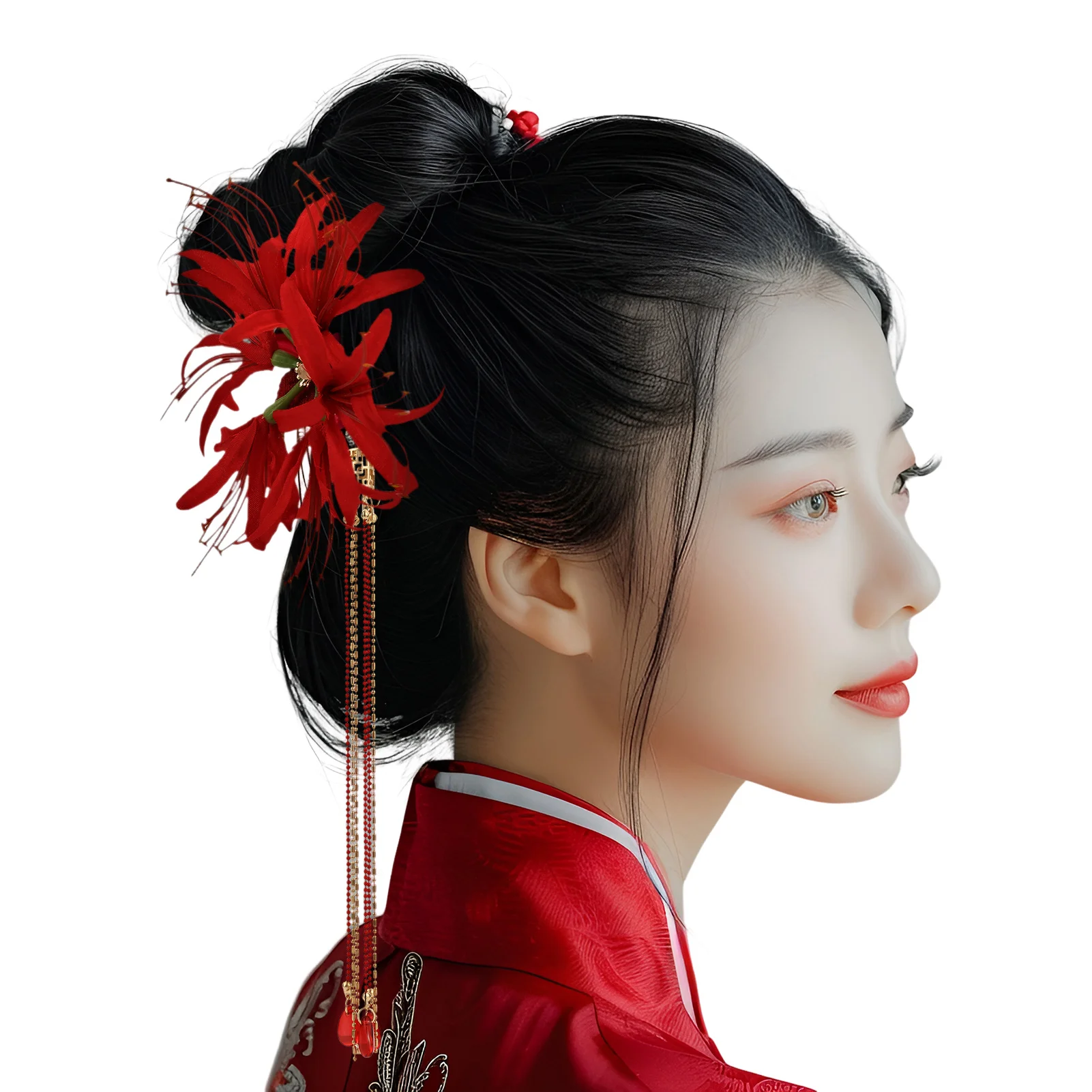 Red Magic-Lily Hairpin Silk Flower Tassel Hair Accessories for Women Birthday Party Stage Show Elegant Headwear