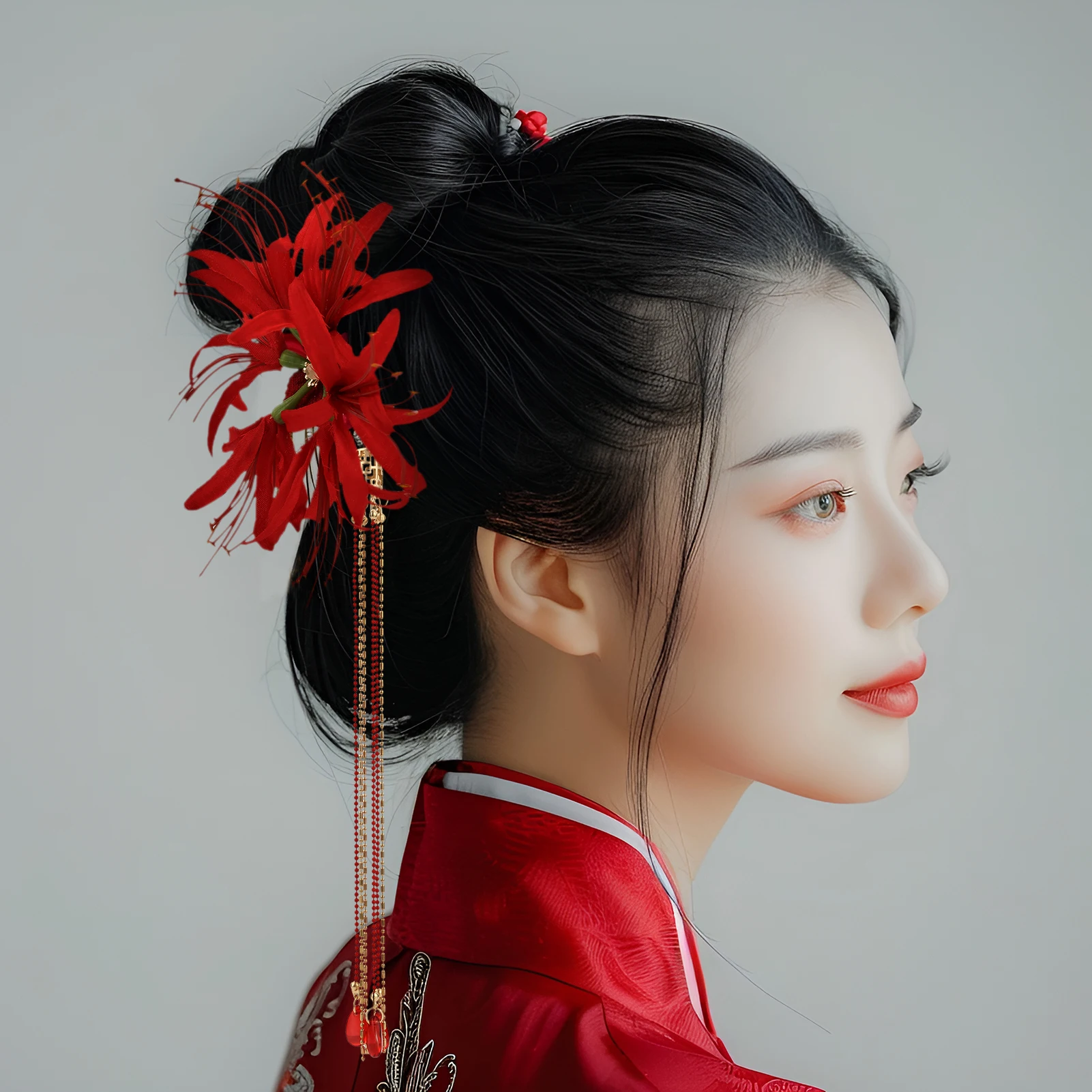 Red Magic-Lily Hairpin Silk Flower Tassel Hair Accessories for Women Birthday Party Stage Show Elegant Headwear