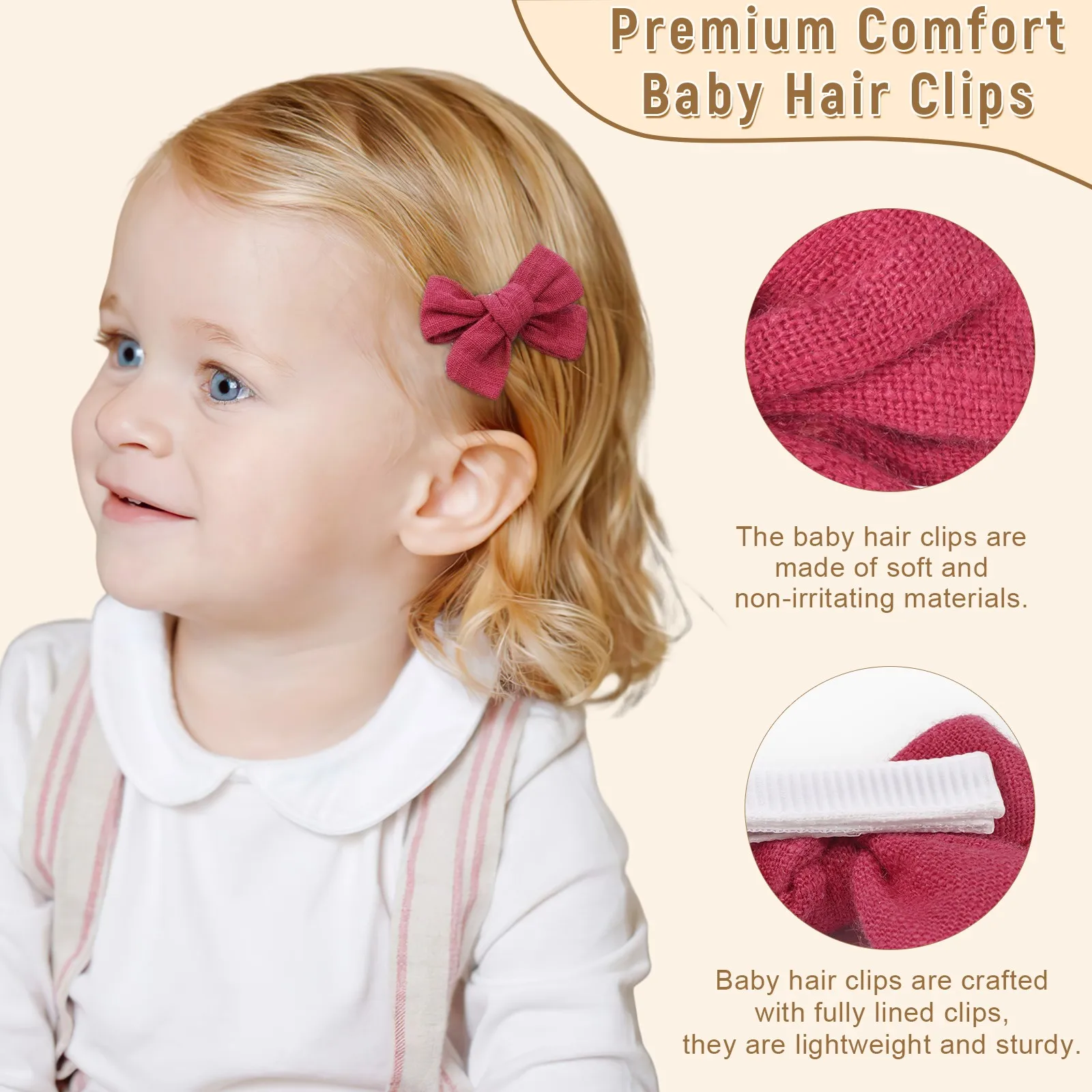 10Pcs Cute Bow Hair Clips for Kids Cotton-Linen Baby to Children Hairpins Soft Fully-Wrapped Design, Safe Hair Accessories