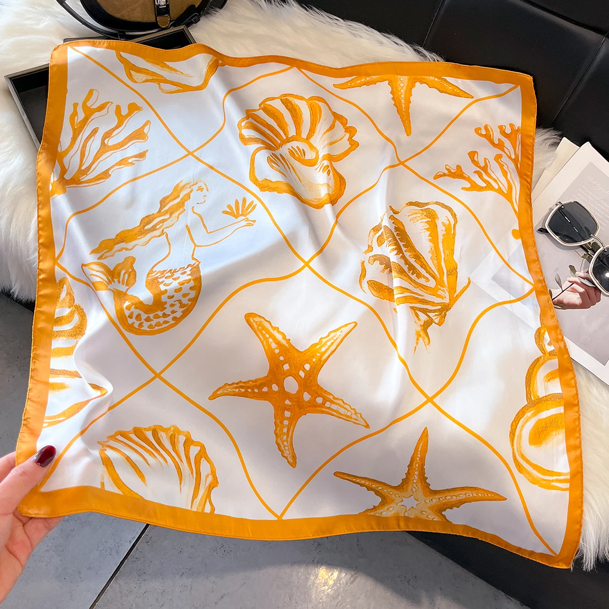 Fashion Ocean Shell Pattern Print Square Silk Scarfs for Women Neck Ties Soft Hijab Headscarf Foulard Bandana Decoration Scarves