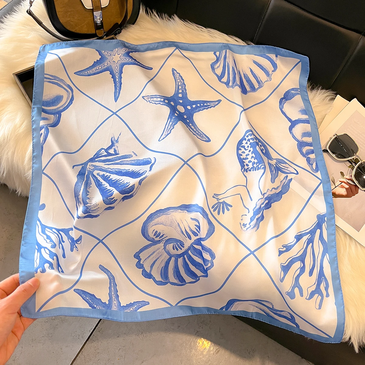 Fashion Ocean Shell Pattern Print Square Silk Scarfs for Women Neck Ties Soft Hijab Headscarf Foulard Bandana Decoration Scarves