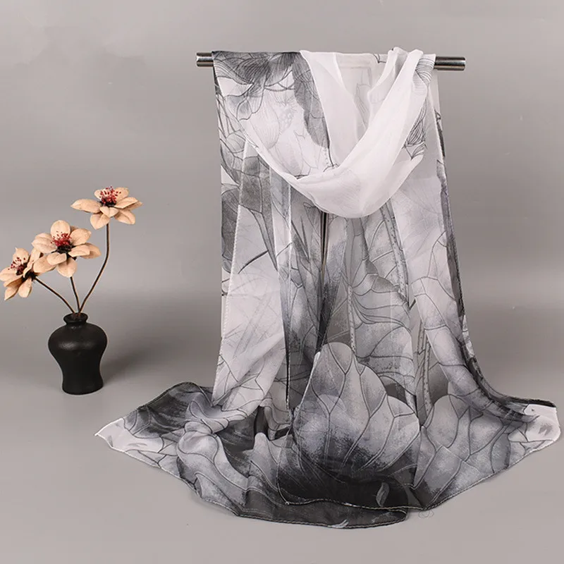 Fashion Spring Summer Women Floral Printing Beach Silk Scarf Shawls Female Long Wraps Beach Sunscreen Hijab Lotus Pattern