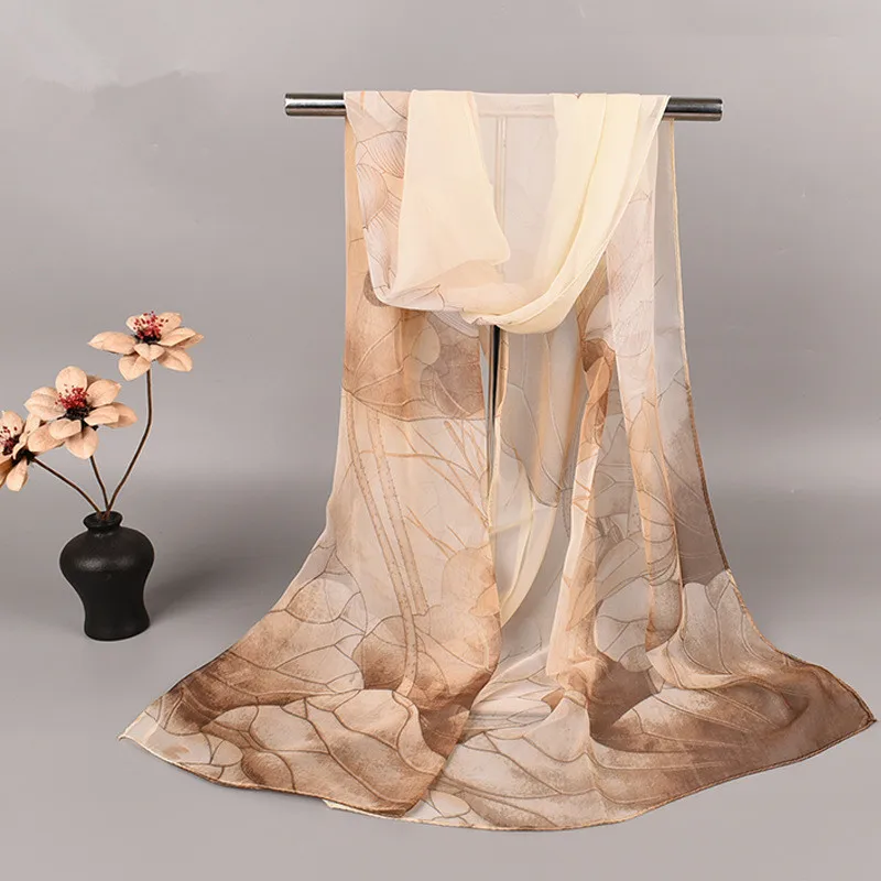 Fashion Spring Summer Women Floral Printing Beach Silk Scarf Shawls Female Long Wraps Beach Sunscreen Hijab Lotus Pattern