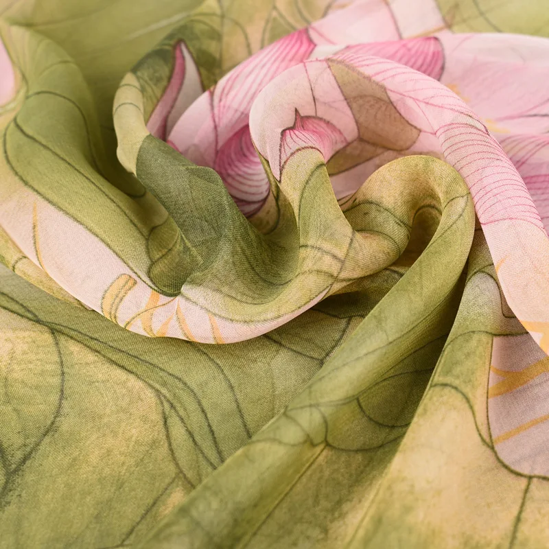 Fashion Spring Summer Women Floral Printing Beach Silk Scarf Shawls Female Long Wraps Beach Sunscreen Hijab Lotus Pattern