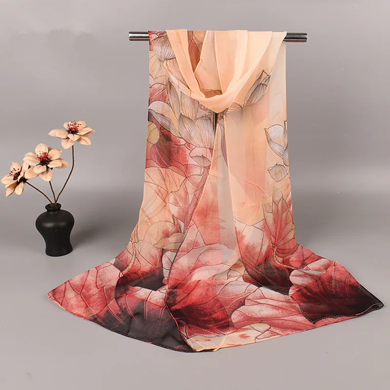 Fashion Spring Summer Women Floral Printing Beach Silk Scarf Shawls Female Long Wraps Beach Sunscreen Hijab Lotus Pattern
