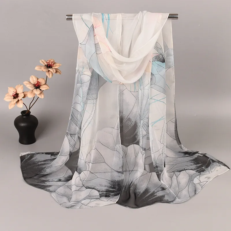 Fashion Spring Summer Women Floral Printing Beach Silk Scarf Shawls Female Long Wraps Beach Sunscreen Hijab Lotus Pattern