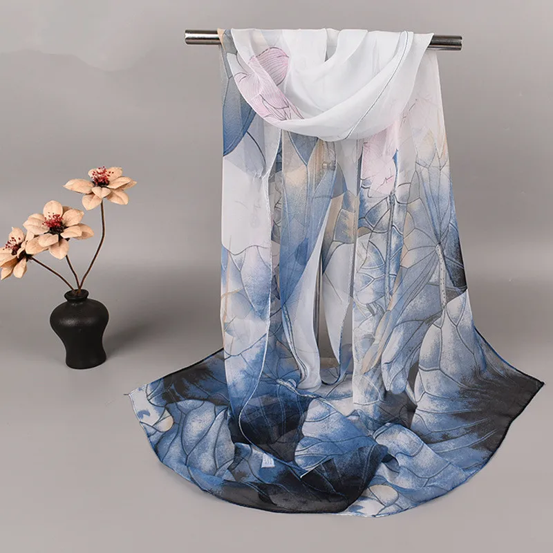 Fashion Spring Summer Women Floral Printing Beach Silk Scarf Shawls Female Long Wraps Beach Sunscreen Hijab Lotus Pattern