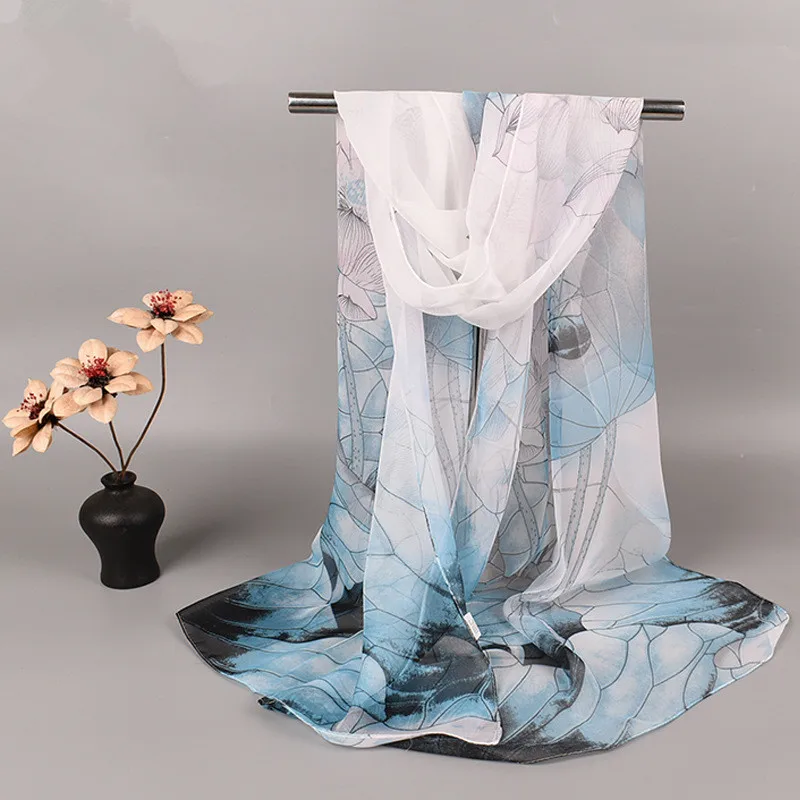Fashion Spring Summer Women Floral Printing Beach Silk Scarf Shawls Female Long Wraps Beach Sunscreen Hijab Lotus Pattern