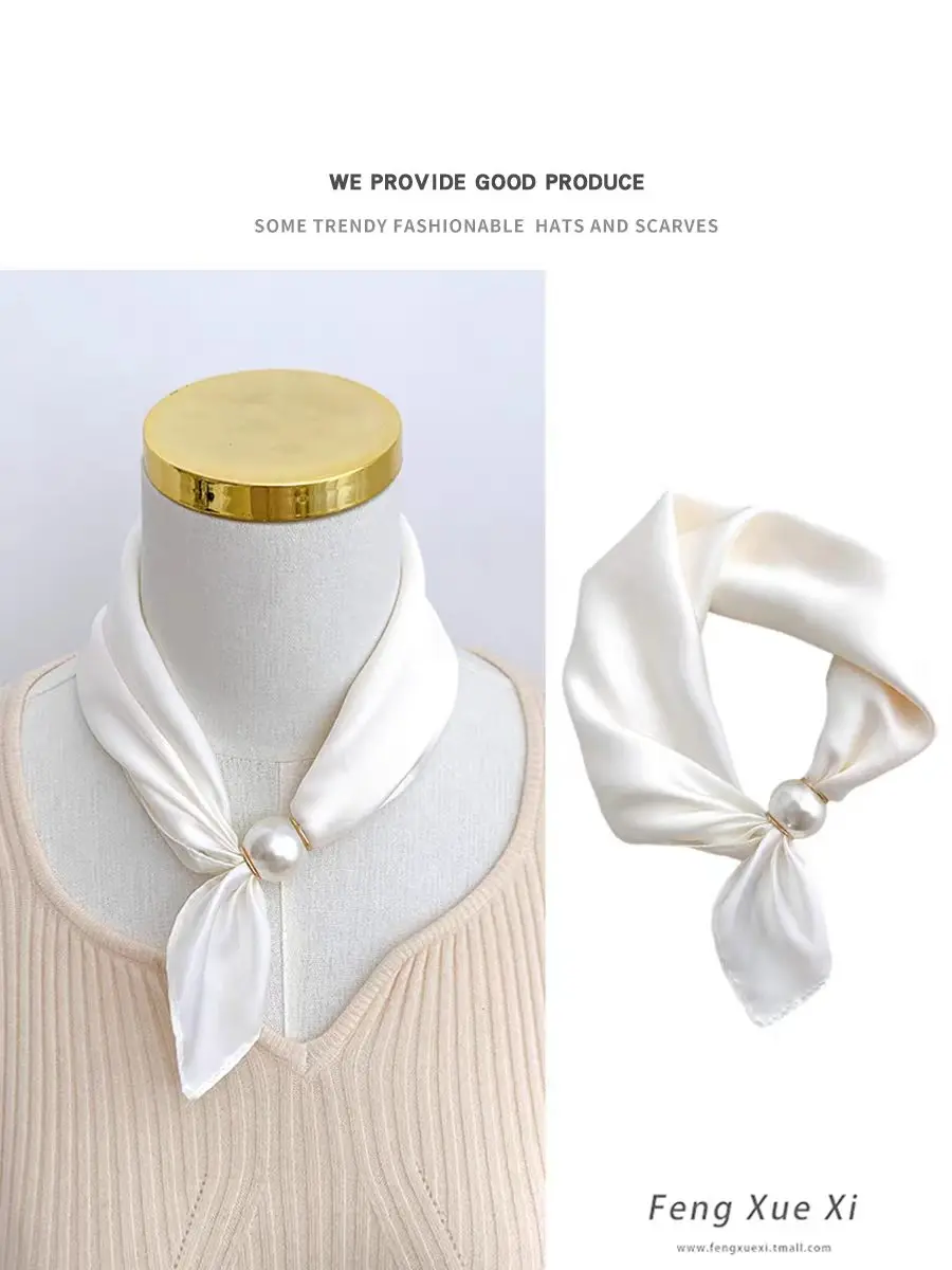 Women Luxury Satin Neck Scarf with Magnetic Buckle, Faux Pearl Pendant, Solid Black Easy Wear Necktie Scarf for Office Party
