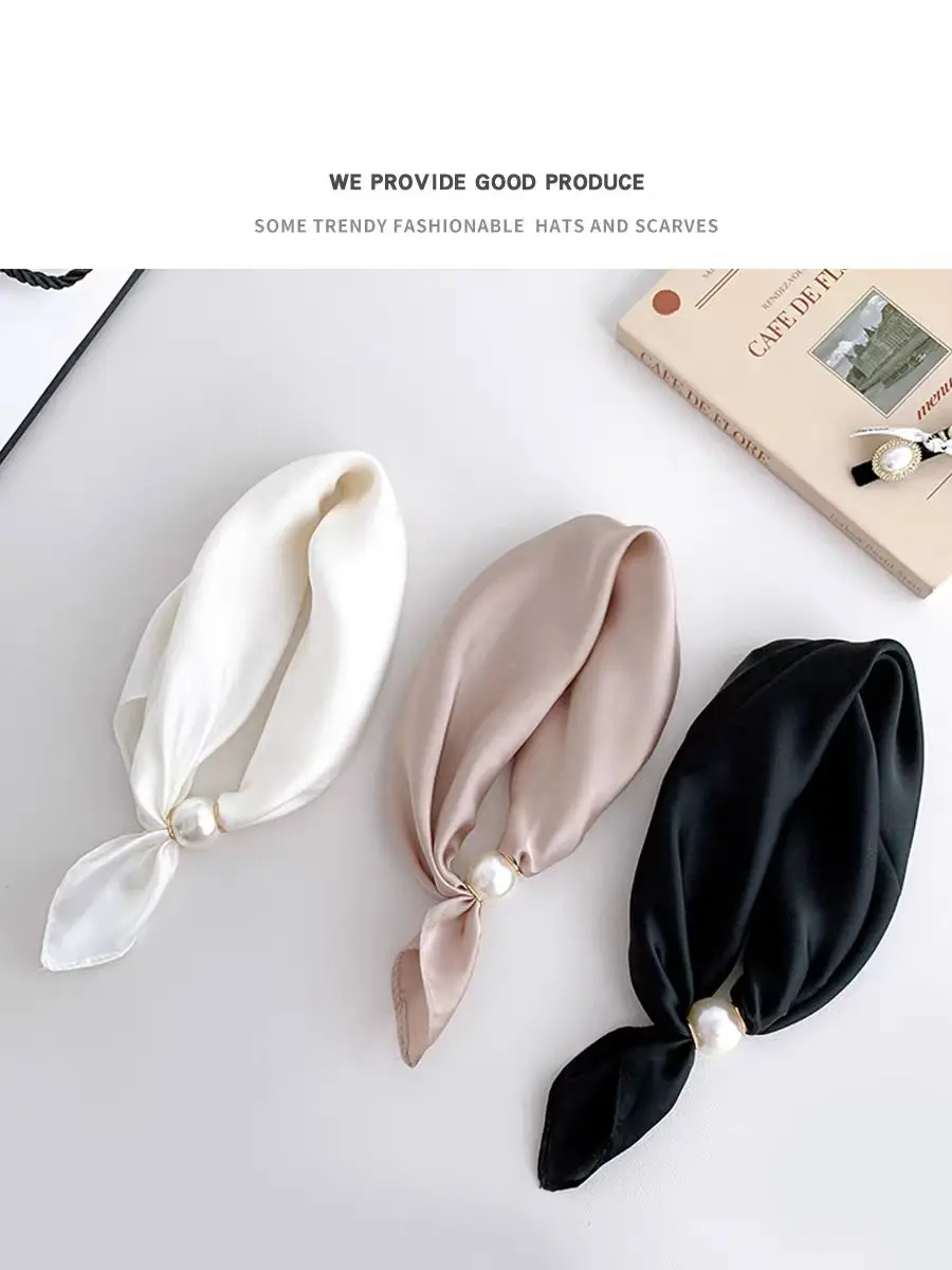 Women Luxury Satin Neck Scarf with Magnetic Buckle, Faux Pearl Pendant, Solid Black Easy Wear Necktie Scarf for Office Party