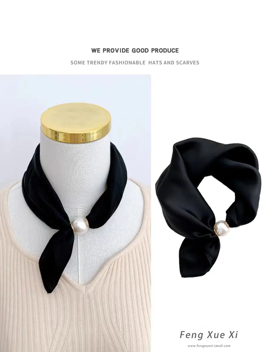 Women Luxury Satin Neck Scarf with Magnetic Buckle, Faux Pearl Pendant, Solid Black Easy Wear Necktie Scarf for Office Party