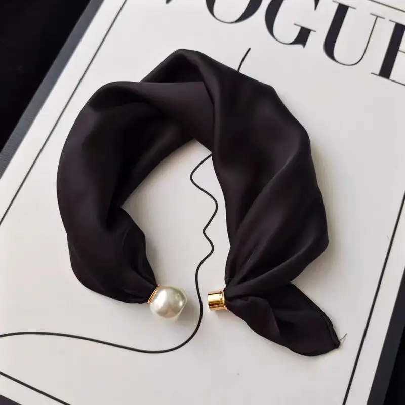 Women Luxury Satin Neck Scarf with Magnetic Buckle, Faux Pearl Pendant, Solid Black Easy Wear Necktie Scarf for Office Party
