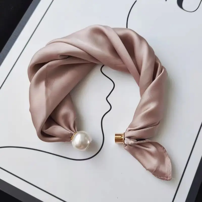 Women Luxury Satin Neck Scarf with Magnetic Buckle, Faux Pearl Pendant, Solid Black Easy Wear Necktie Scarf for Office Party