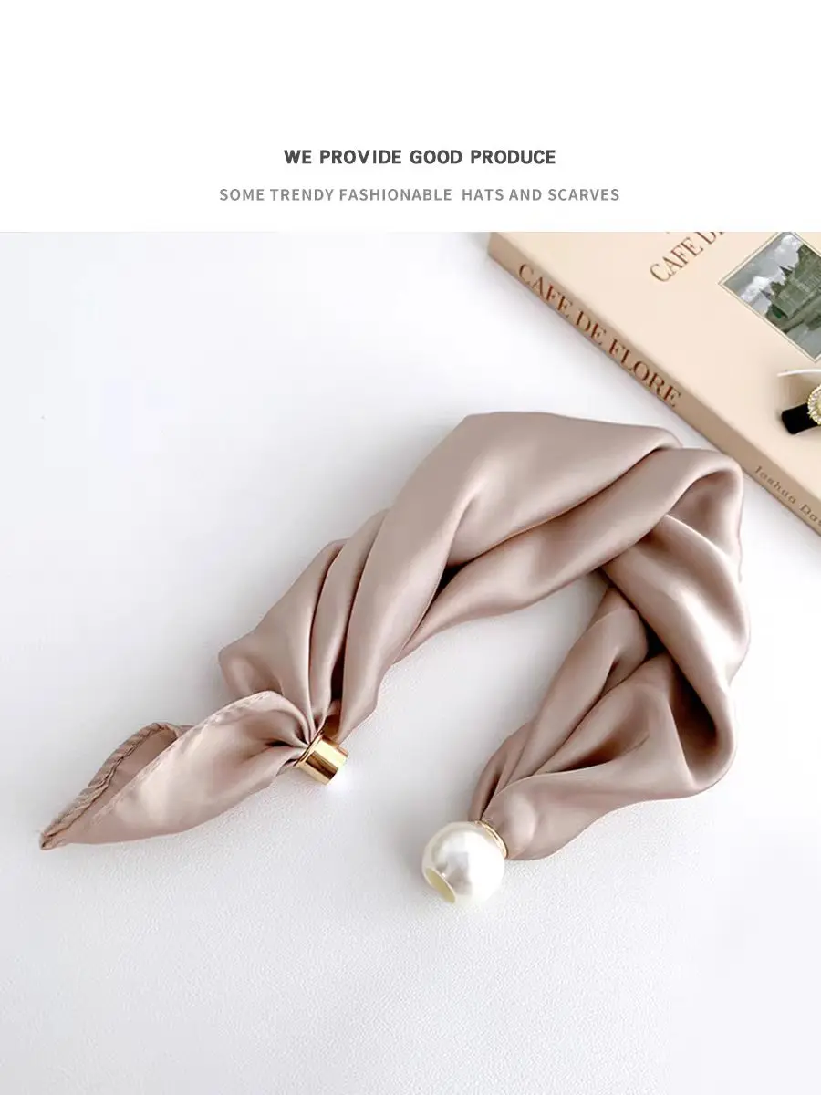 Women Luxury Satin Neck Scarf with Magnetic Buckle, Faux Pearl Pendant, Solid Black Easy Wear Necktie Scarf for Office Party