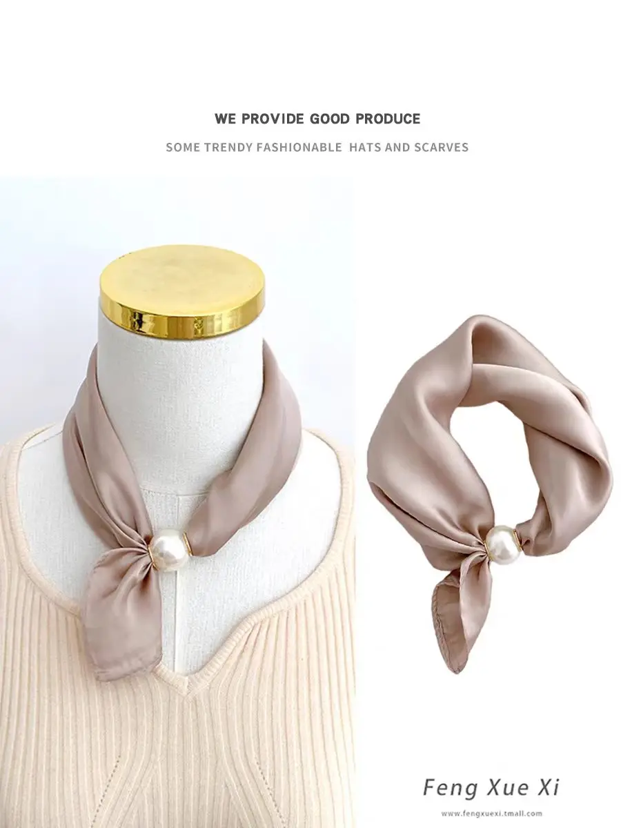 Women Luxury Satin Neck Scarf with Magnetic Buckle, Faux Pearl Pendant, Solid Black Easy Wear Necktie Scarf for Office Party