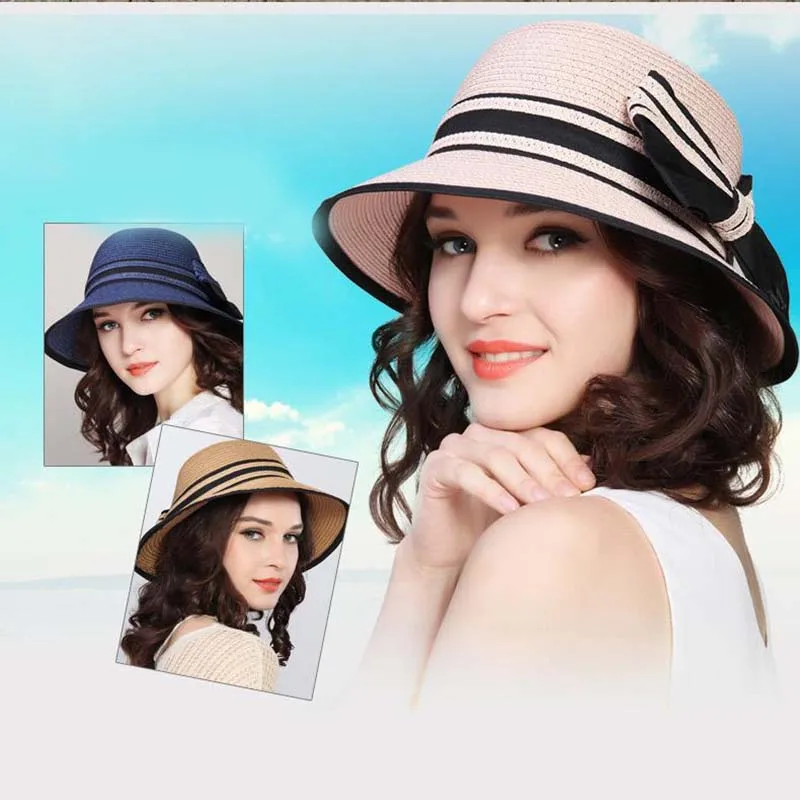 Fashion Summer Beach Straw Sun Hat Breathable French Style Bowknot Straw Hats Elegant Hat for Girl Outdoor Travel Photography