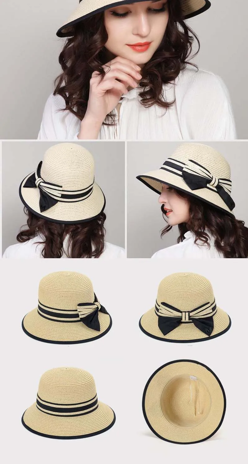 Fashion Summer Beach Straw Sun Hat Breathable French Style Bowknot Straw Hats Elegant Hat for Girl Outdoor Travel Photography