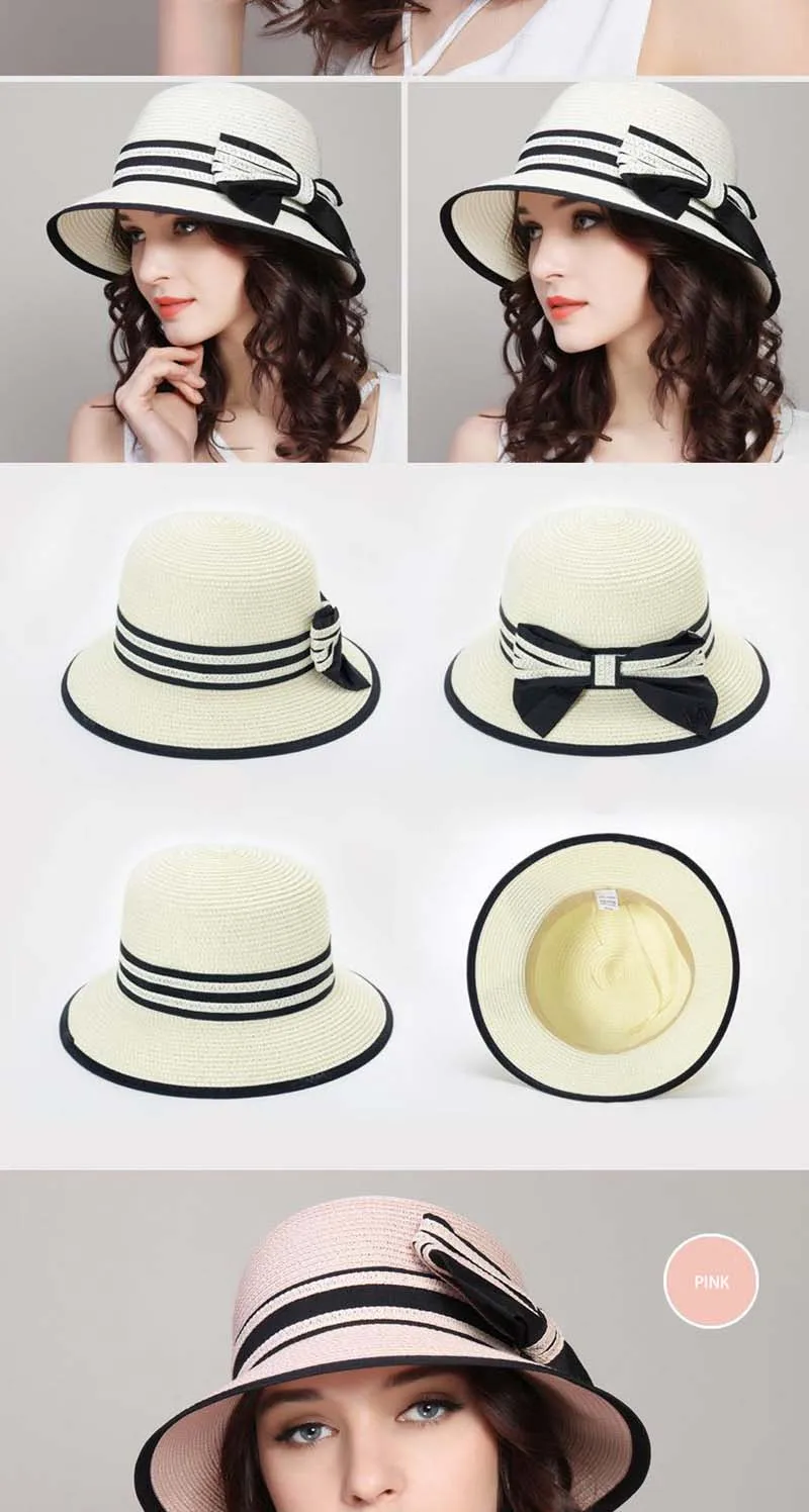 Fashion Summer Beach Straw Sun Hat Breathable French Style Bowknot Straw Hats Elegant Hat for Girl Outdoor Travel Photography