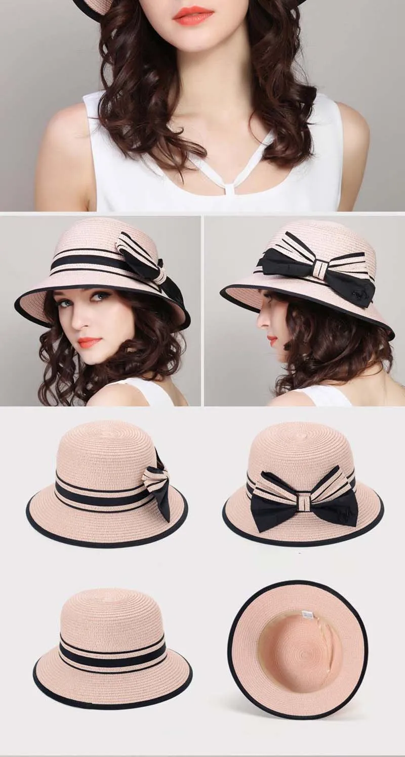 Fashion Summer Beach Straw Sun Hat Breathable French Style Bowknot Straw Hats Elegant Hat for Girl Outdoor Travel Photography