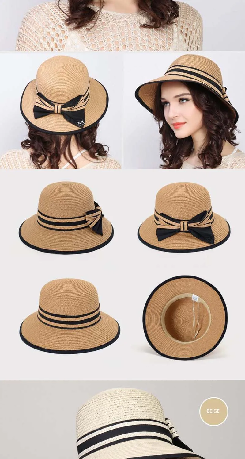 Fashion Summer Beach Straw Sun Hat Breathable French Style Bowknot Straw Hats Elegant Hat for Girl Outdoor Travel Photography