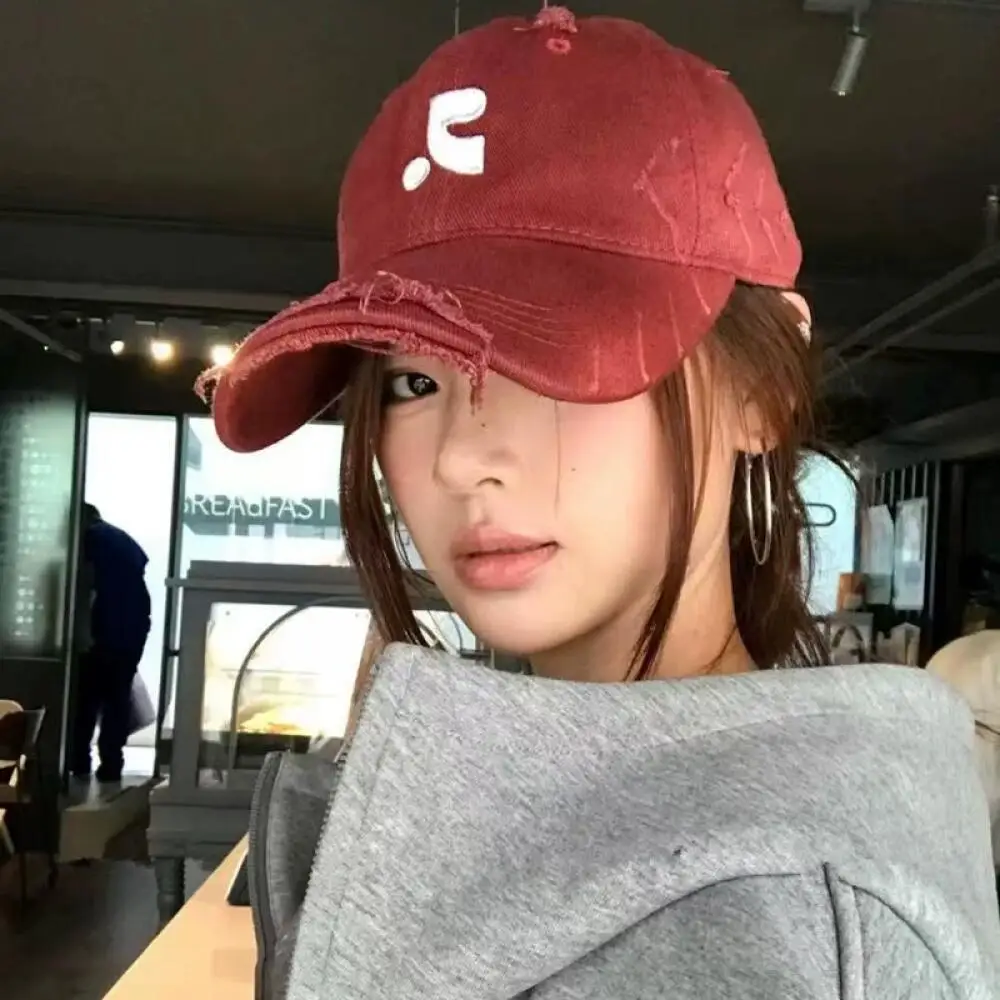Korean Vintage Washed Distressed Baseball Cap, Unisex Embroidered UPF 50+ Sun Protection Design, For Summer Outdoor Daily Casual