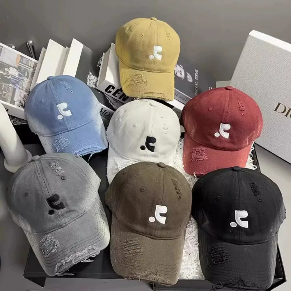Korean Vintage Washed Distressed Baseball Cap, Unisex Embroidered UPF 50+ Sun Protection Design, For Summer Outdoor Daily Casual