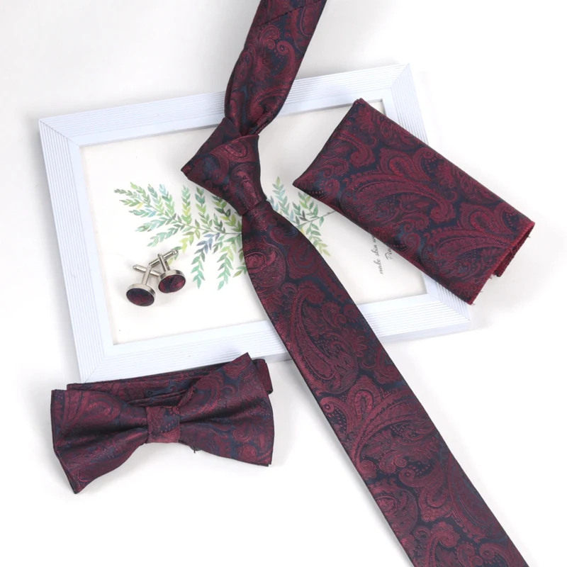 Exquisite Burgundy Red Paisley Men Tie Jacquard Woven Handkerchief Bowtie Sets Groom Wedding Party Gifts Party Accessories