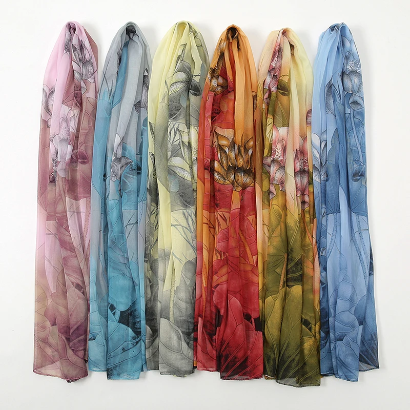 1PCS Lotus Print Chiffon Scarf Fashionable Lightweight Neck Scarf For Women Summer Neck Sun Protection Silk Scarf Shawl 150*50cm
