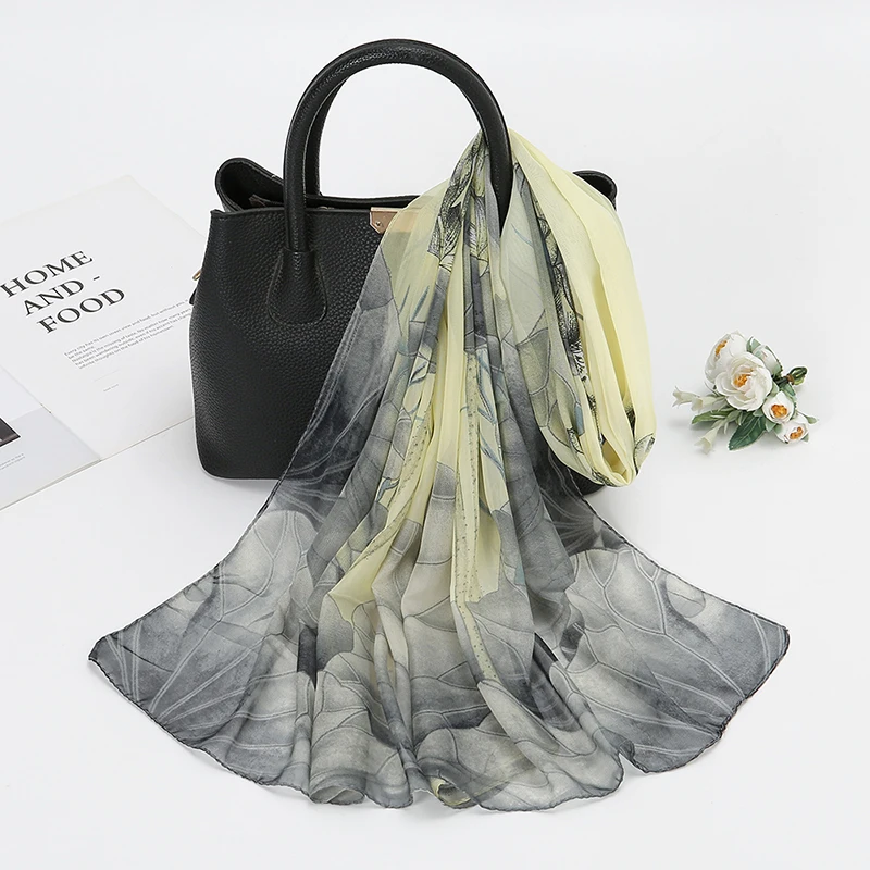 1PCS Lotus Print Chiffon Scarf Fashionable Lightweight Neck Scarf For Women Summer Neck Sun Protection Silk Scarf Shawl 150*50cm