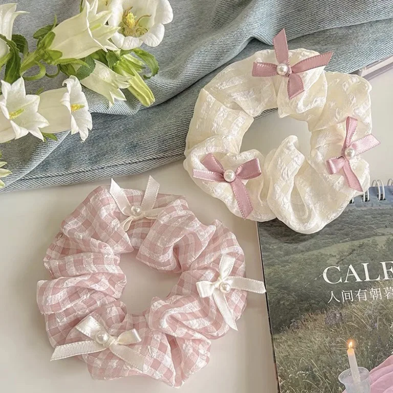 1/2 Pcs Sweet Cream Pink Plaid Hair Ties for Women Imitation Pearl Bowknot Scrunchies Elastic Ponytail Holders Daily M