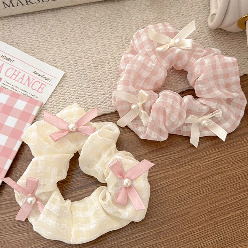 1/2 Pcs Sweet Cream Pink Plaid Hair Ties for Women Imitation Pearl Bowknot Scrunchies Elastic Ponytail Holders Daily M