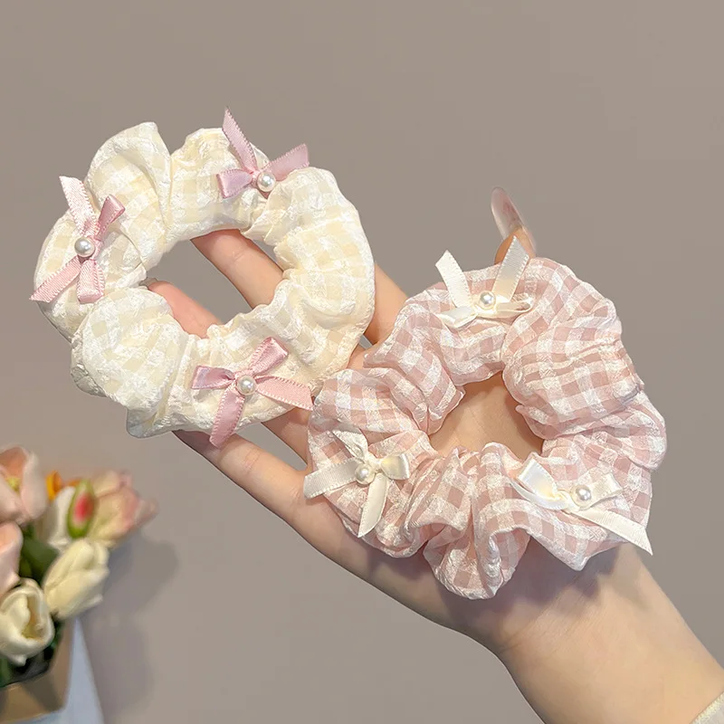 1/2 Pcs Sweet Cream Pink Plaid Hair Ties for Women Imitation Pearl Bowknot Scrunchies Elastic Ponytail Holders Daily M
