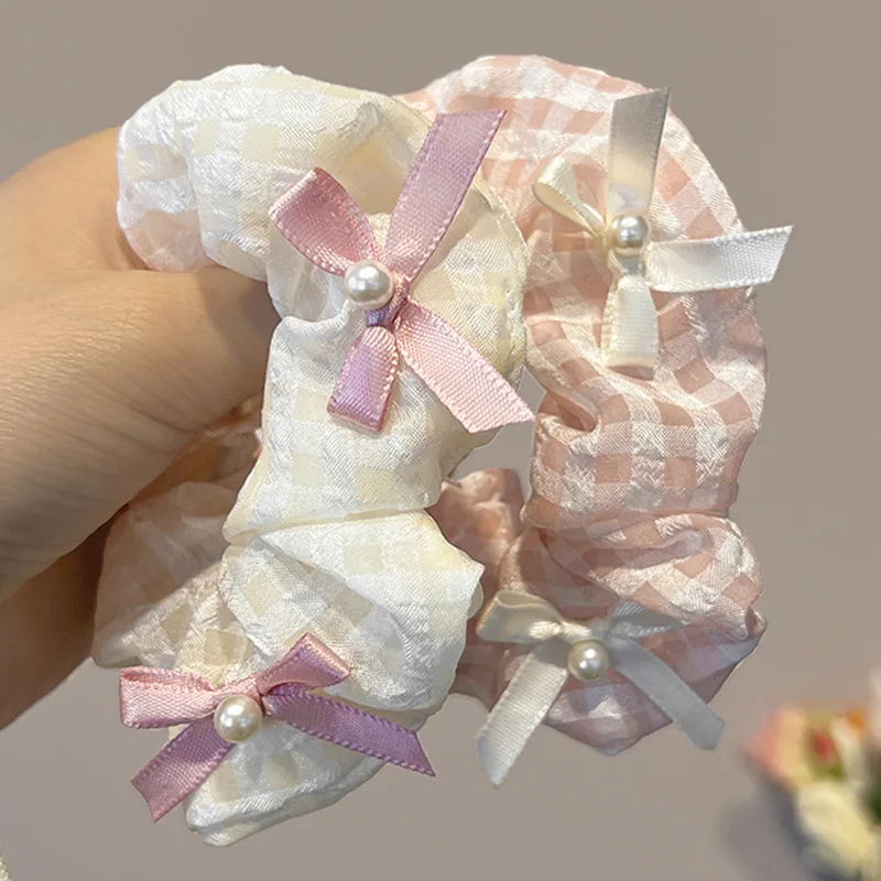 1/2 Pcs Sweet Cream Pink Plaid Hair Ties for Women Imitation Pearl Bowknot Scrunchies Elastic Ponytail Holders Daily M