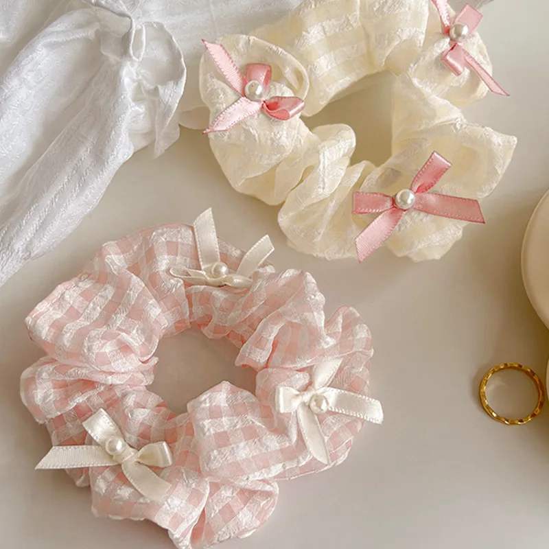 1/2 Pcs Sweet Cream Pink Plaid Hair Ties for Women Imitation Pearl Bowknot Scrunchies Elastic Ponytail Holders Daily M