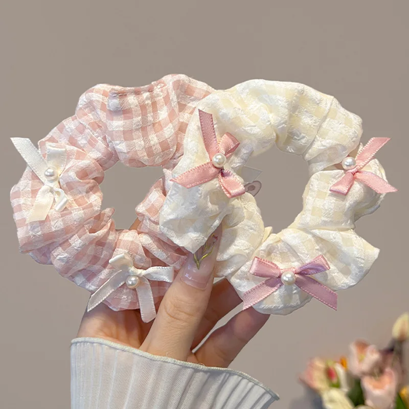 1/2 Pcs Sweet Cream Pink Plaid Hair Ties for Women Imitation Pearl Bowknot Scrunchies Elastic Ponytail Holders Daily M