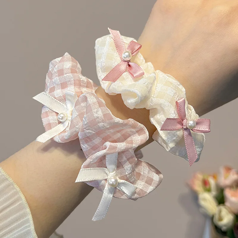 1/2 Pcs Sweet Cream Pink Plaid Hair Ties for Women Imitation Pearl Bowknot Scrunchies Elastic Ponytail Holders Daily M