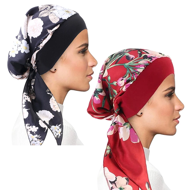 2PCS Women Printed Pre-Tied Turban Cap Long Tail Headscarf Strechy Bandana Muslim Hijab Inner Caps Hair Loss Cover BeaniesBonnet